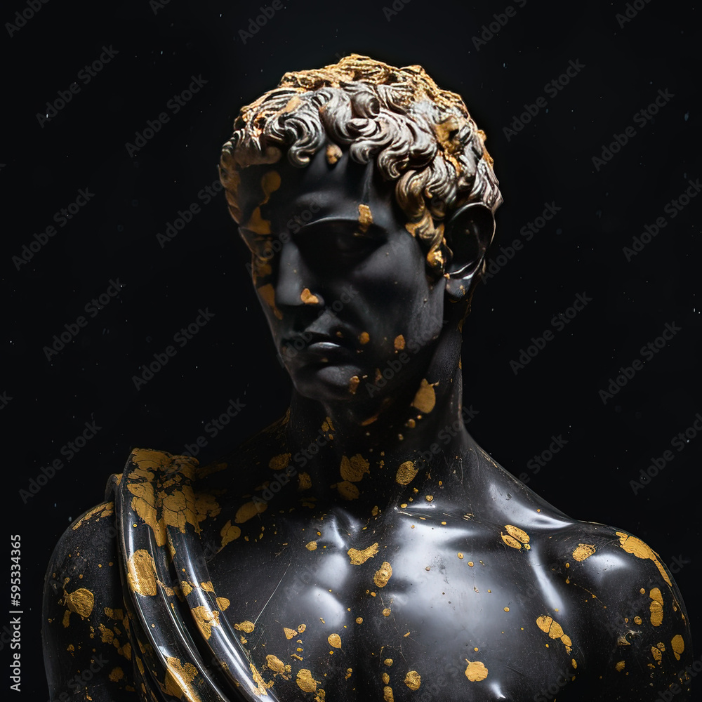 Une sculpture en marbre, statue d'une personne stoïcienne grecque ou romaine, représentant le stoïcisme. Avec de l'or et du noir, kintsugi