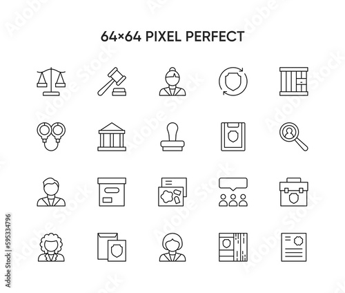 Set of Law and justice line icons vector illustration. Collection icon of legal, arrest, authority, courthouse, gavel, weapon and more.