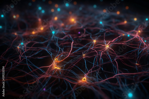 AI network for optimal machine learning: interconnected pathways, a neural network, and neon colors for advanced artificial intelligence technology