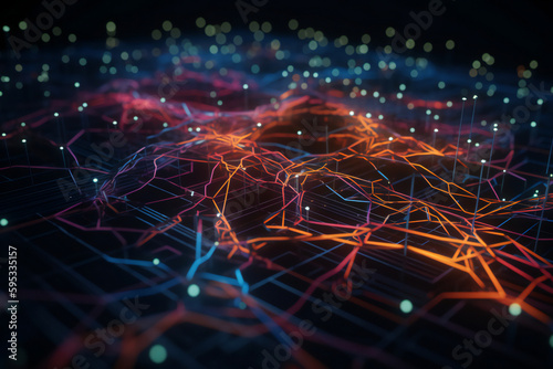 AI network for efficient artificial intelligence technology: interconnected pathways, a neural network, and neon colors for advanced machine learning