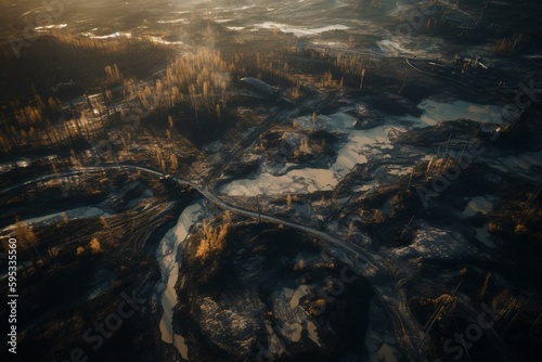 Oil mining site from above in Athabasca tar sands. Generative AI