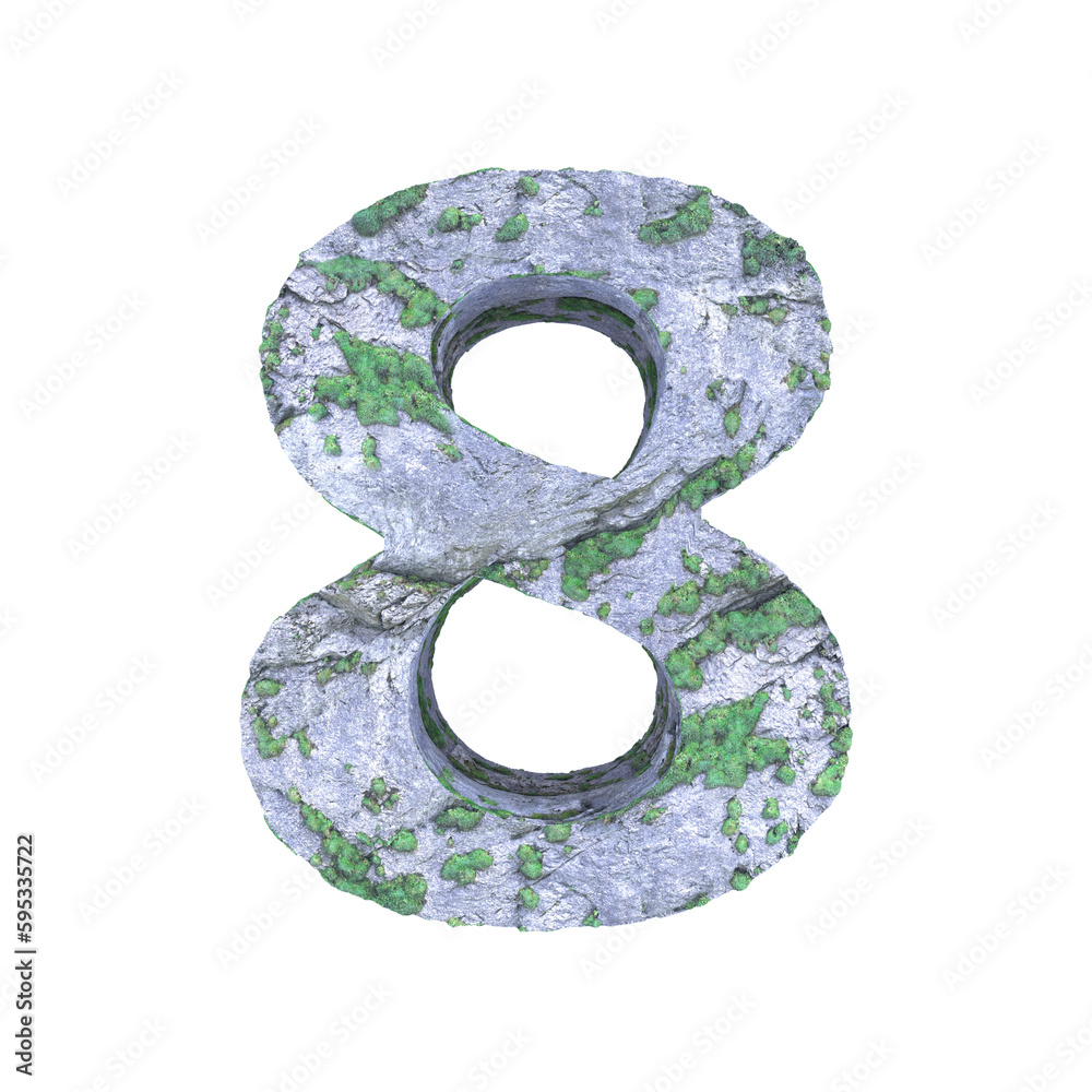 Mossy stone 3D number 8 isolated on white background Mossy stone 3D number 8 isolated on white background