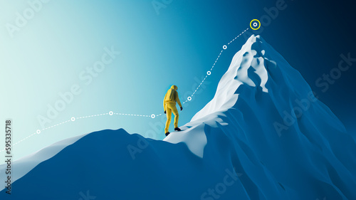 Goal to success for level up with person climbing on route slope to mountain peak.human performance limit concepts.growth mindset and motivation.generative ai technology