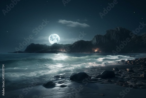Imaginary seashore under shining moonlight. Generative AI