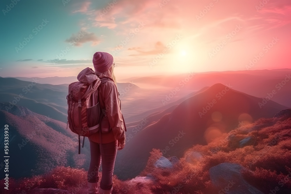 Abstract Female Hiker stands at the summit of a difficult mountain climb to be greeted with a beautiful view of the sunrise. Generative ai. Advertising photography style.