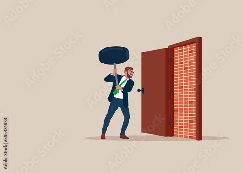 Businessman open exit door and found brick wall blocking the way. Man with sledgehammer about to brick wall blocking the way. Business dead end obstacle and difficulty to overcome. 