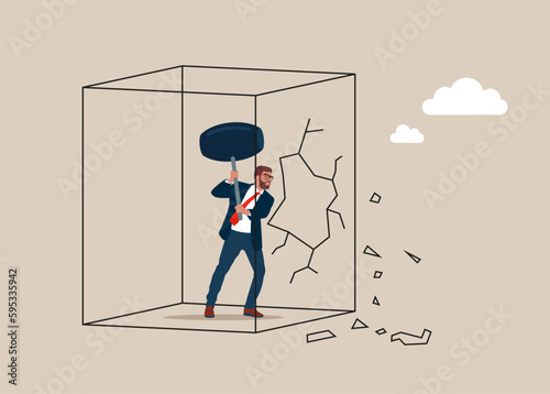 Businessman holding sledgehammer to break glass cube. Flat vector illustration