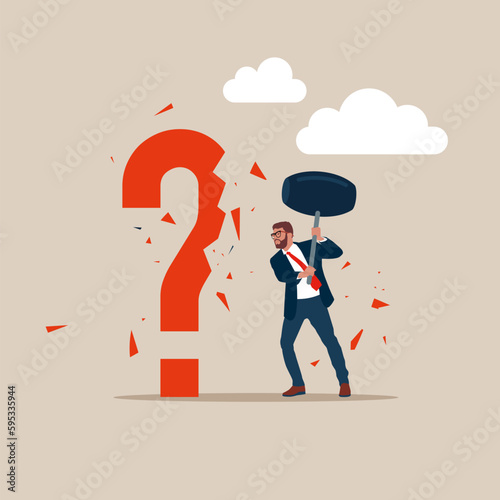 Businessman hold sledgehammer crash huge red question mark find business solution to problem. Flat vector illustration