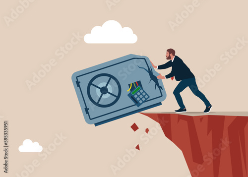 Businessman push a deformed safety box to throw it down off a cliff. Resolving the problems. Issues in business management and economics. Flat vector illustration