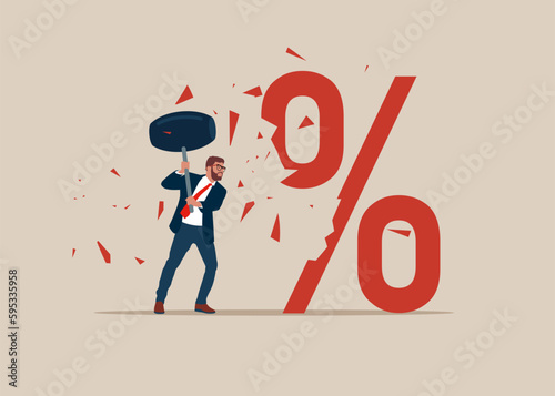 Businessman holding sledgehammer hitting percentage sign. Interest downgrade hike or downgrade rate hike due to inflation. Flat vector illustration