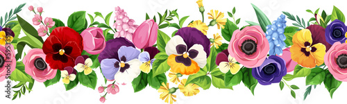 Horizontal seamless border with colorful flowers (tulip, pansy, anemone, and hyacinth flowers) and green leaves. Floral garland. Vector illustration