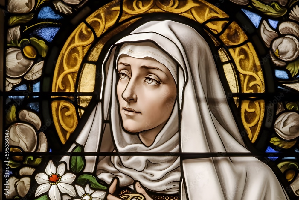 Naklejka premium Saint Catherine of Siena, stained glass illustration. Generative Ai. St. Catherine is a famous catholic saint.