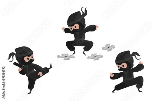 Ninja set. Cute warrior characters in different poses in black kimono, various fight position. Asian boys. childish kawaii mascot, japan collection. Cartoon flat isolated vector illustration
