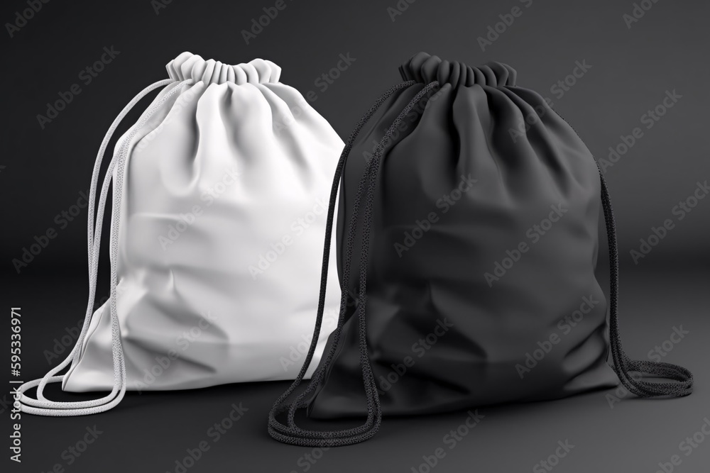 White black backpack bag on a rope. Sport bag mockup on gray wall background. Mock up Template for custom design. Generative Ai. - obrazy, fototapety, plakaty 