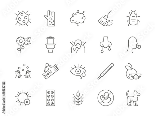 Allergic test. Dry nose icons. Allergy symptoms. Personalised medication sun person care. People cough from flower pollen and dust. Unwell sneeze. Vector medical outline pictograms set