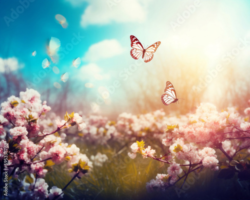 Blue Sky with spring flowers and butterflies on a sunny day. Generative KI. 