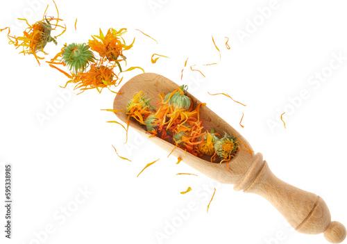 Wooden scoop of dried calendula flowers, isolated on white background. Petals of calendula flowers for making healthy herbal tea. Top view.