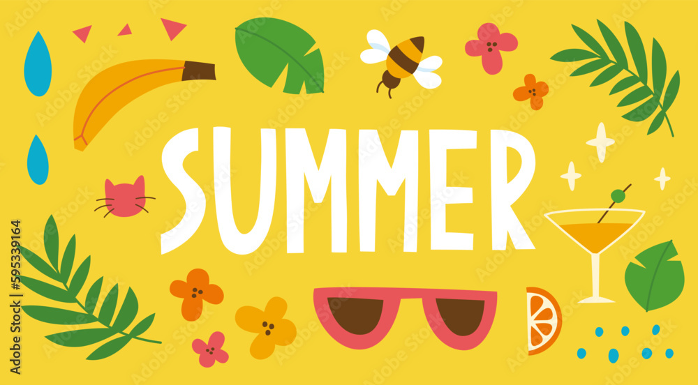 Horizontal colorful summer banner vector template. Hand drawn text summer with decorative elements on a bright background. Design for advertising, greeting card, header for website.