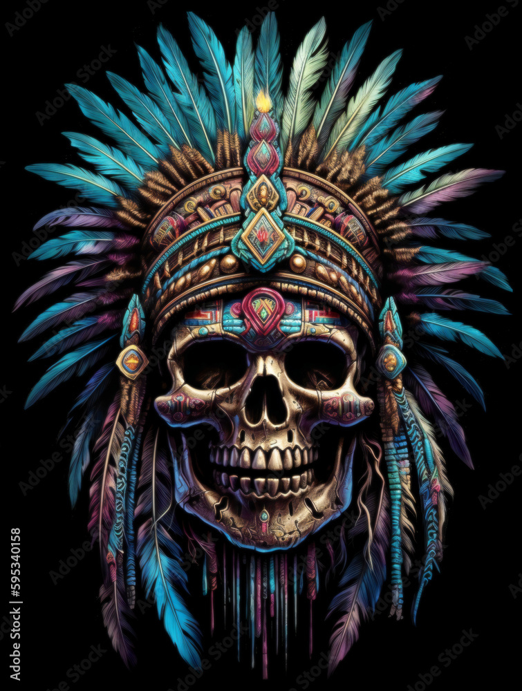 Naklejka premium Native American Indian Warrior Skull with Headdress