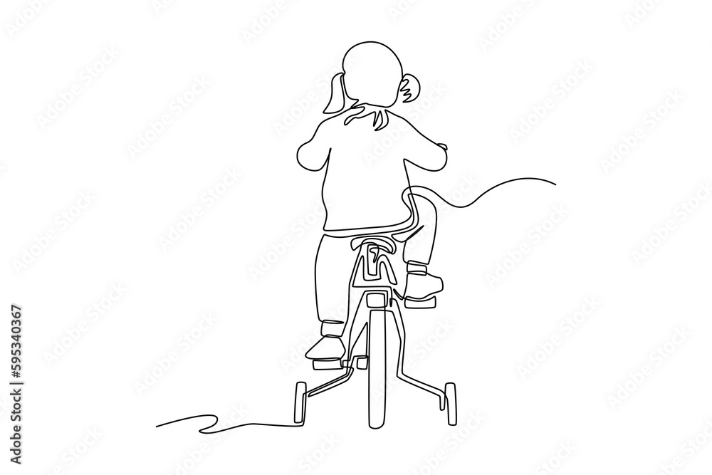 Single one line drawing happy girl riding a bike with helmet. World bicycle day concept. Continuous line draw design graphic vector illustration.