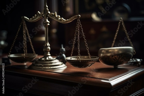 Courtroom symbol with a gavel and balance scales representing justice, law and order. Generative AI
