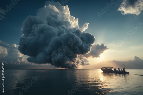 A massive cloud in the sky with a boat in the foreground on land and water. Generative AI