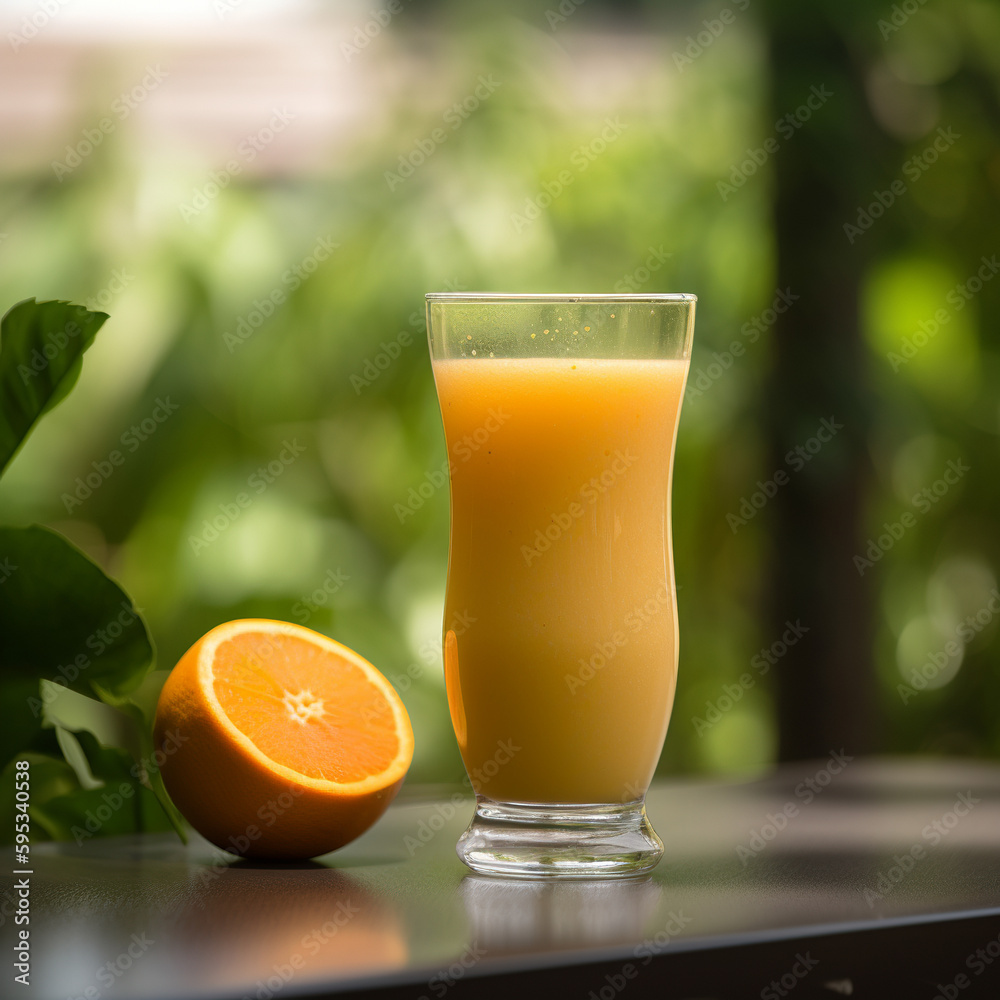 Orange fruit smoothie on a table against a summer outdoor background. A.I. generated