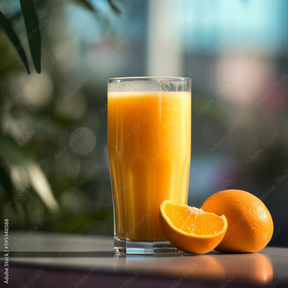 Orange fruit smoothie on a table against a summer outdoor background. A.I. generated Orange fruit smoothie on a table against a summer outdoor background. A.I. generated