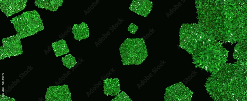 Cubes covered with grass and bushes background. Flying in dark eco squares with 3d render natural design and texture