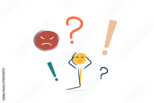 the character is confused, he has a headache, a lot of work, depression. the character has many questions and problems