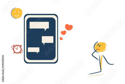 the character looks at the phone and at the dialogue. Acquaintance of the child with digital technologies, modernity, communication, society, friends, social networks.