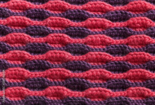 Knitted background. Crochet pink purple volume wave pattern. © Tanya