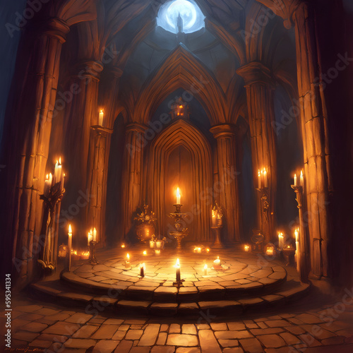 Dark fantasy cathedral, illustration of the interior of a temple, generative AI