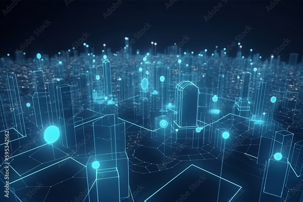 City of the future. Smart city and abstract line and dot connect with gradient line design , big data connection technology concept. Generative AI