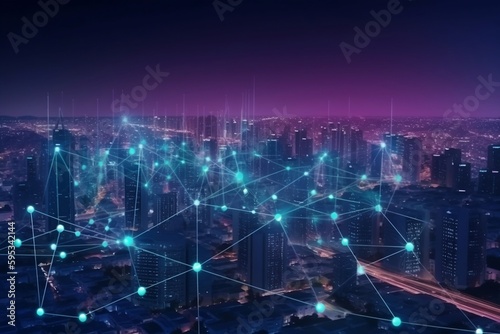City of the future. Smart city and abstract line and dot connect with gradient line design , big data connection technology concept. Generative AI © Sodapeaw