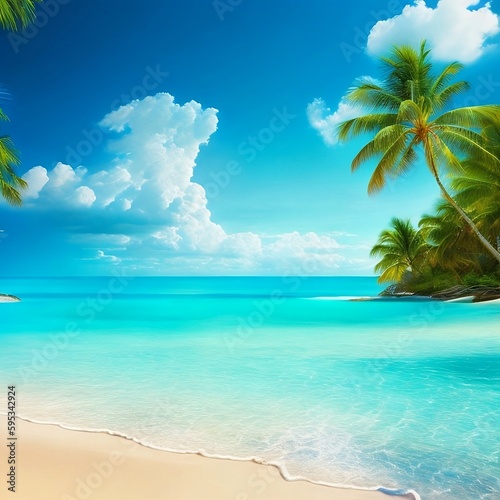 sunny beach with palm trees and calm ocean 