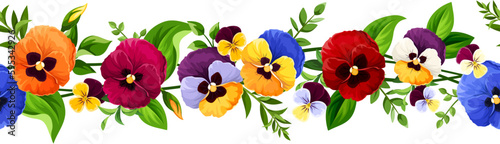Horizontal seamless border with red, orange, yellow, blue, and purple pansy flowers. Vector illustration