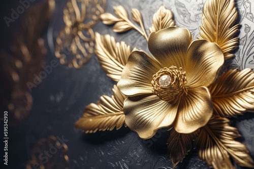 3D flower wallpaper with gold embossed decoration in European style. Illustration. Generative AI