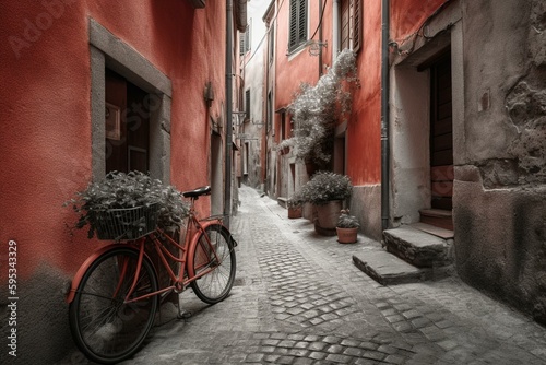 Black and white photo of an old town with red vintage bicycle, edited with color key effect. Generative AI