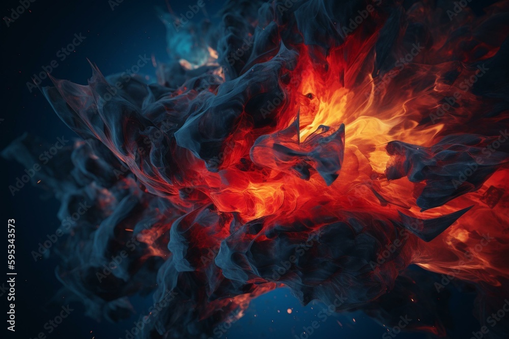A fiery abstract background in red and blue colors. Generative AI
