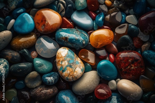 Colorful stones in different shapes and sizes create the background. Generative AI