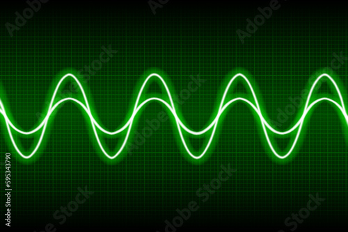 Abstract neon green cosine curve pattern on dark oscilloscope digital screen. Electric ac waves oscillating. Digital equalizer. Scientific experiment. Seamless vector graphic