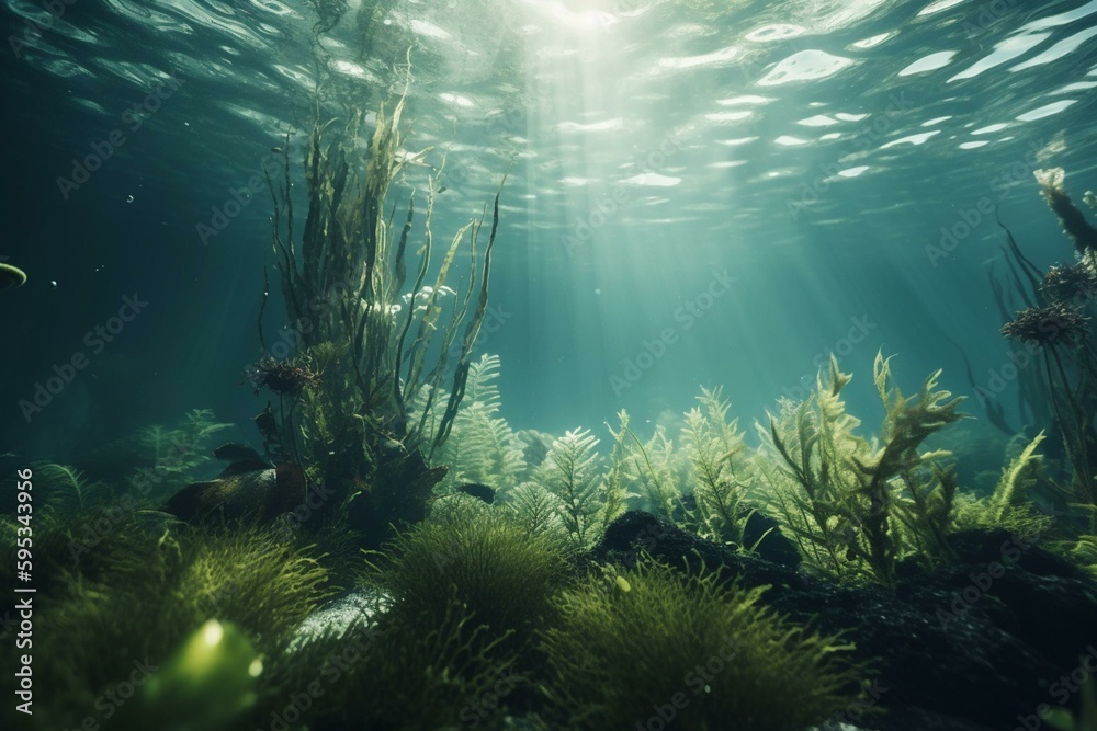 Green underwater background with sea plants. Scene is submerged. Generative AI