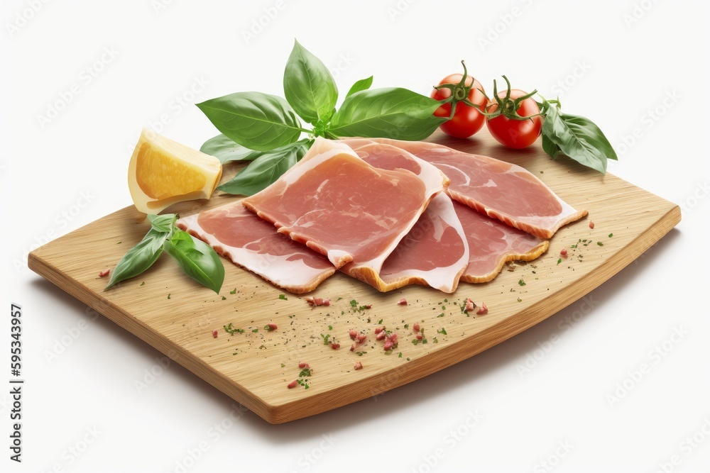 Delicious ham slices with wooden board isolated on white background. Generative AI
