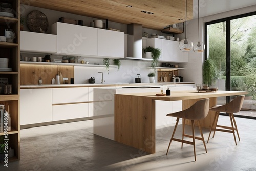 White lacquer and oak kitchen, handleless. Generative AI © Christopher