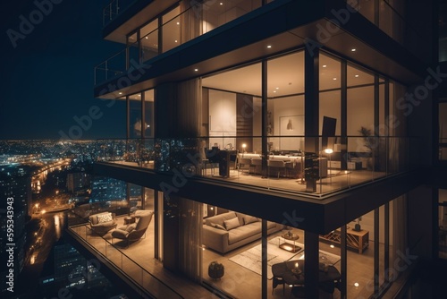 Luxury high-rise condo penthouse at night. Generative AI