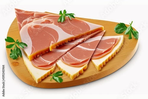Delicious ham slices with wooden board isolated on white background. Generative AI