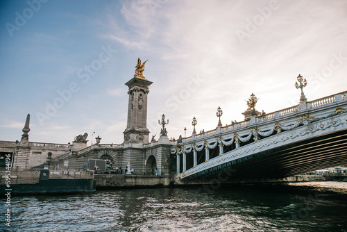 Looking Out across the Seine river to the riverbank and buildings on a clear day