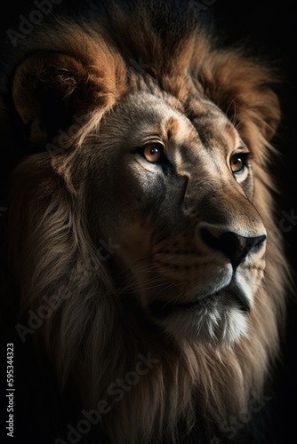 Portrait of a lion with a black background  cinematic lighting AI concept