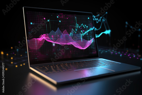 Laptop data visualisation, data visualization, big data, charts, analytical data visual, trading graphs, trending markets, technology information, laptop in office with data display. Generative AI